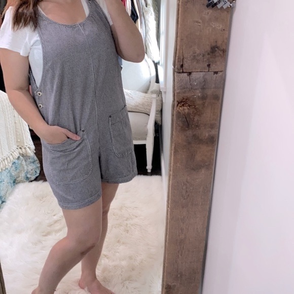 Vintage black & white checkered overalls jumpsuit romper shorts size large - Picture 1 of 8